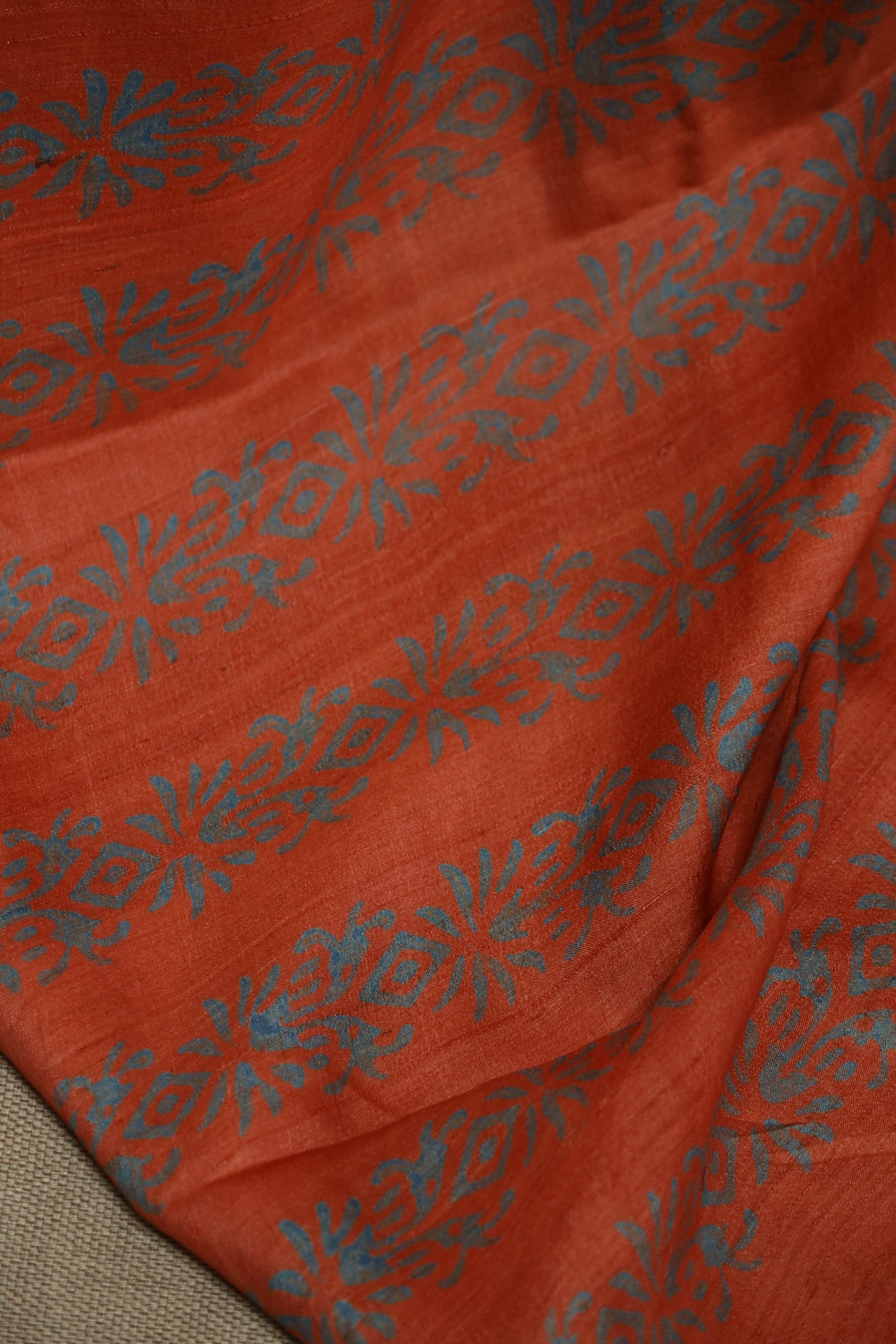 Persimmon Orange Handblock Printed Handwoven Tussar Silk Saree