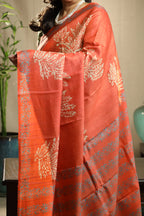 Persimmon Orange Handblock Printed Handwoven Tussar Silk Saree