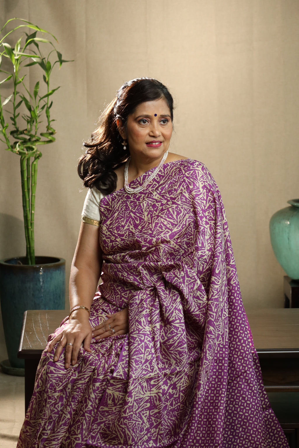 Zentangle Purple Handblock Printed Handwoven Tussar Silk Saree