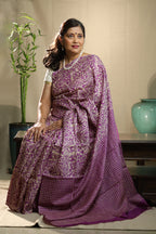 Zentangle Purple Handblock Printed Handwoven Tussar Silk Saree