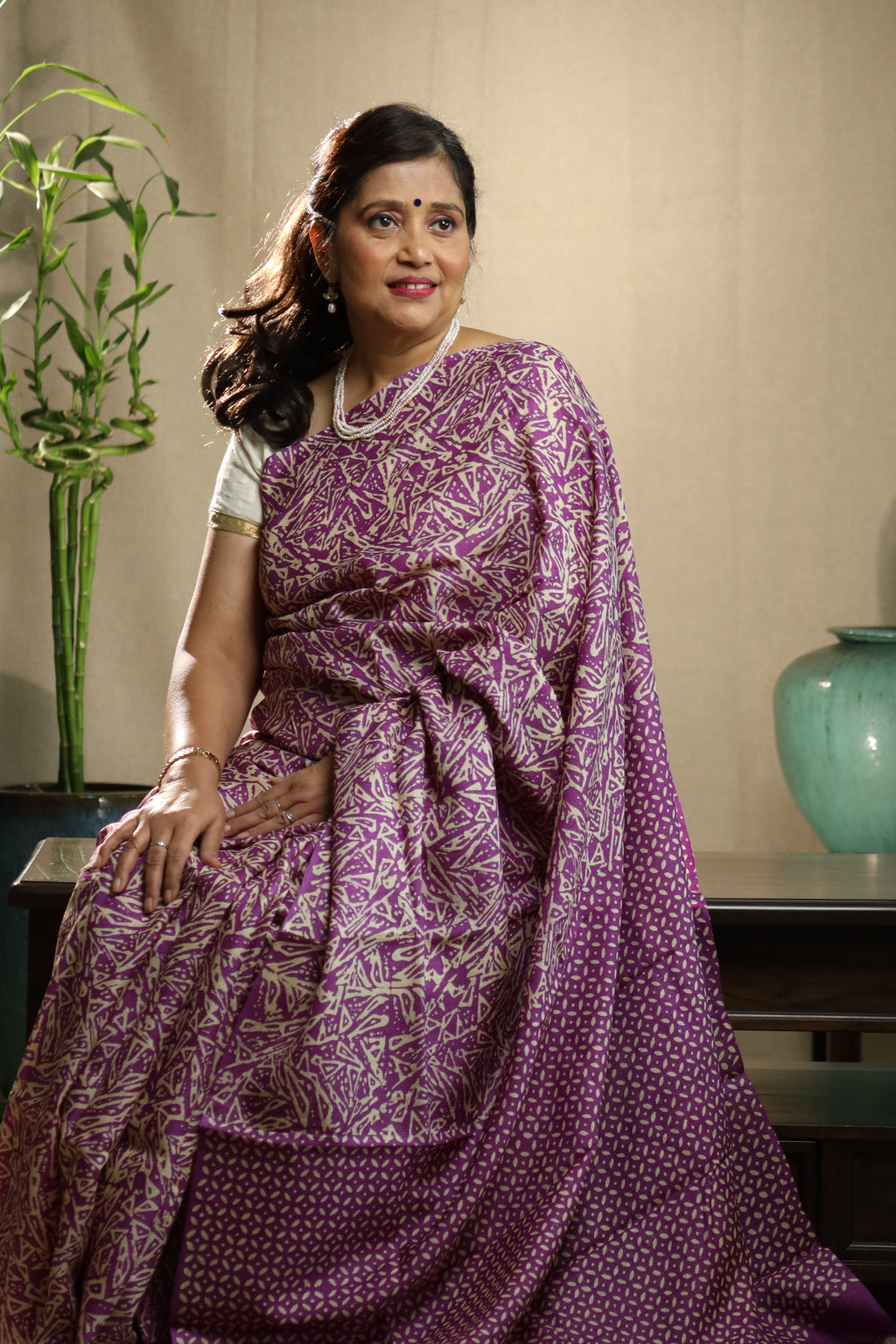 Zentangle Purple Handblock Printed Handwoven Tussar Silk Saree