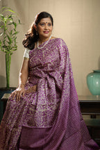 Zentangle Purple Handblock Printed Handwoven Tussar Silk Saree
