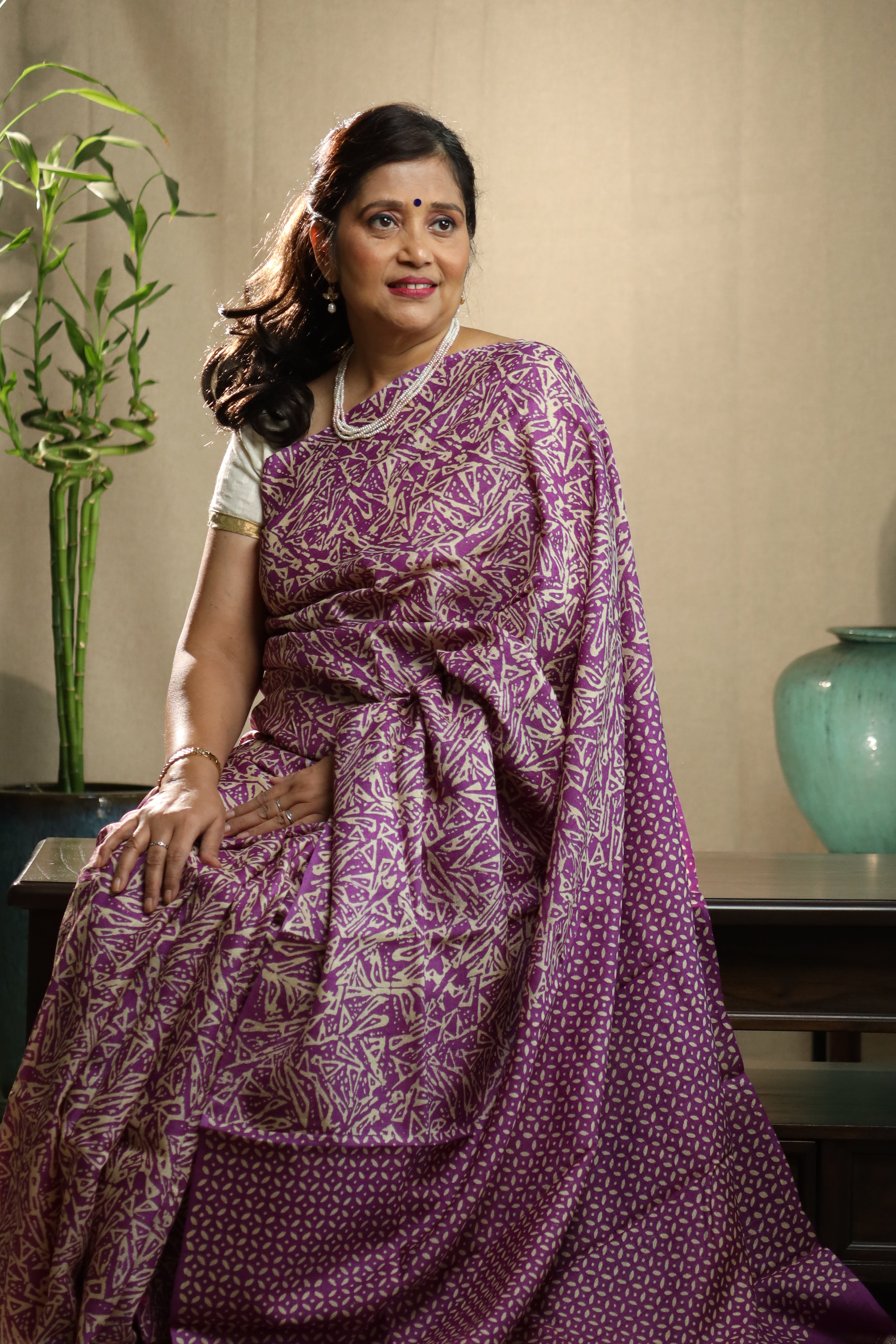 Zentangle Purple Handblock Printed Handwoven Tussar Silk Saree