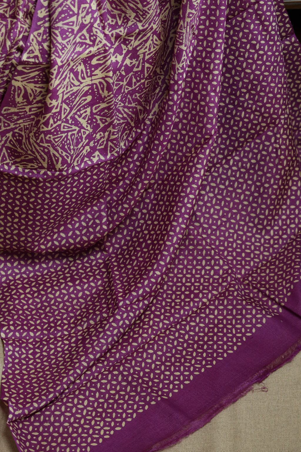 Zentangle Purple Handblock Printed Handwoven Tussar Silk Saree