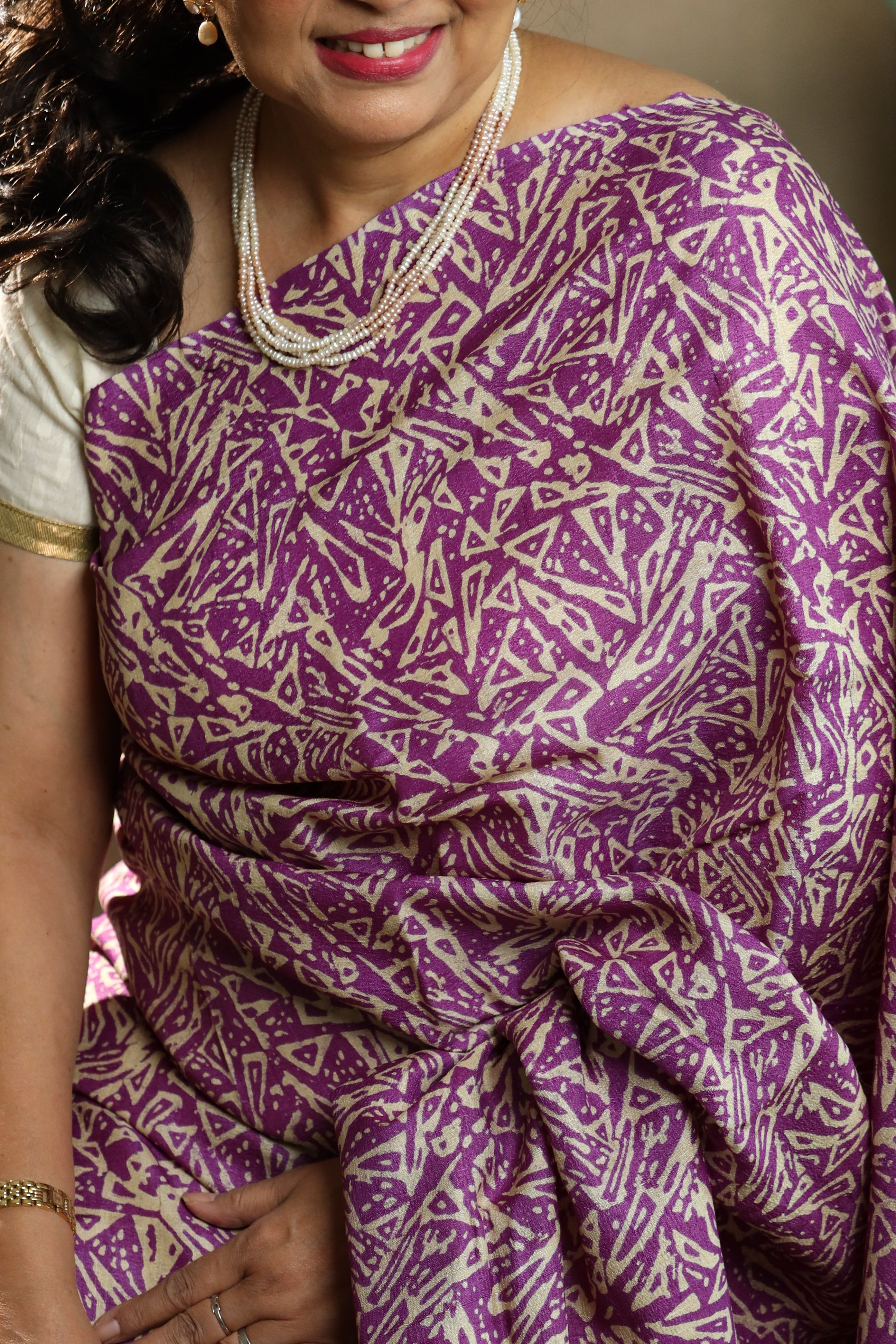 Zentangle Purple Handblock Printed Handwoven Tussar Silk Saree