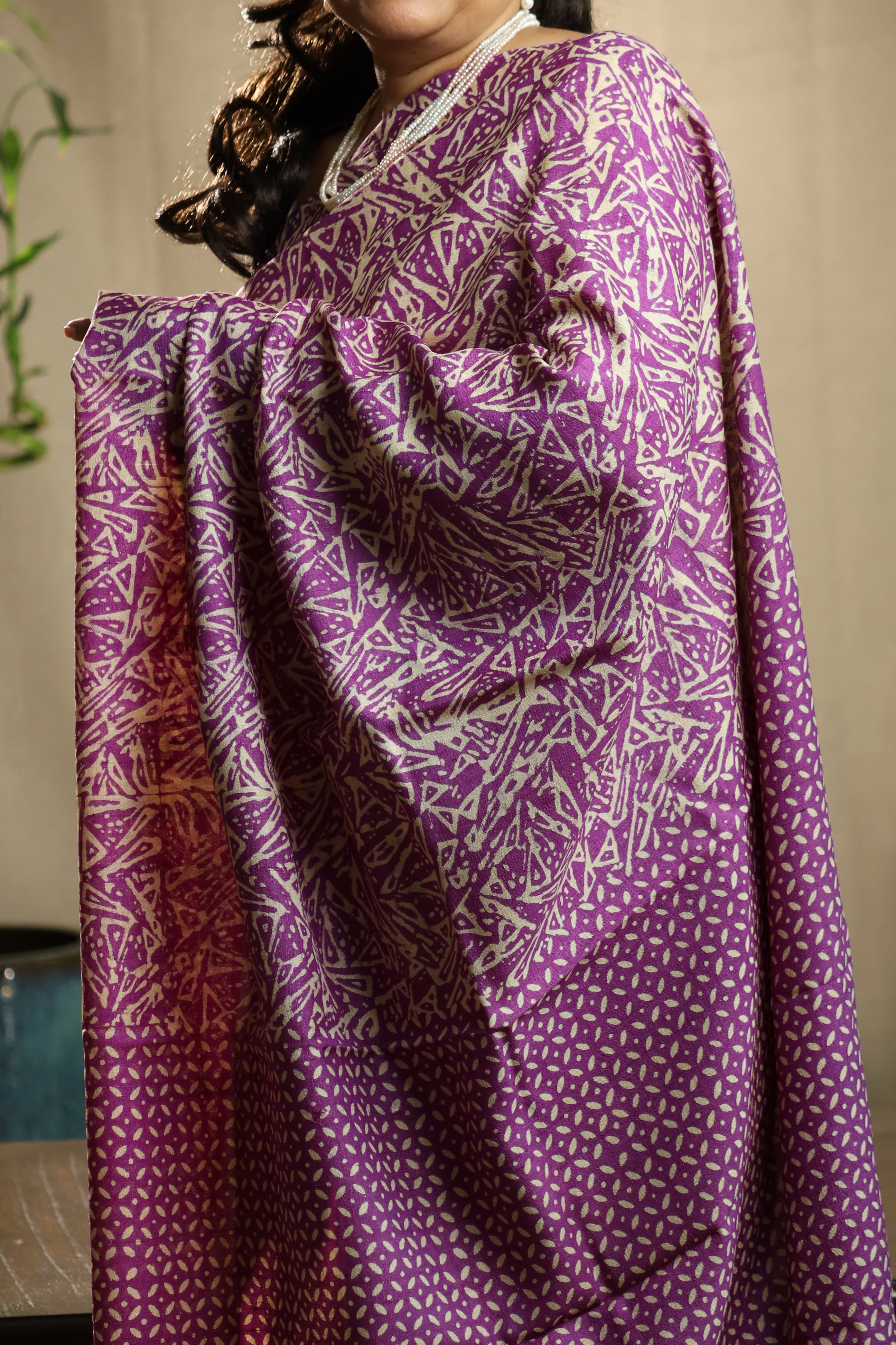 Zentangle Purple Handblock Printed Handwoven Tussar Silk Saree