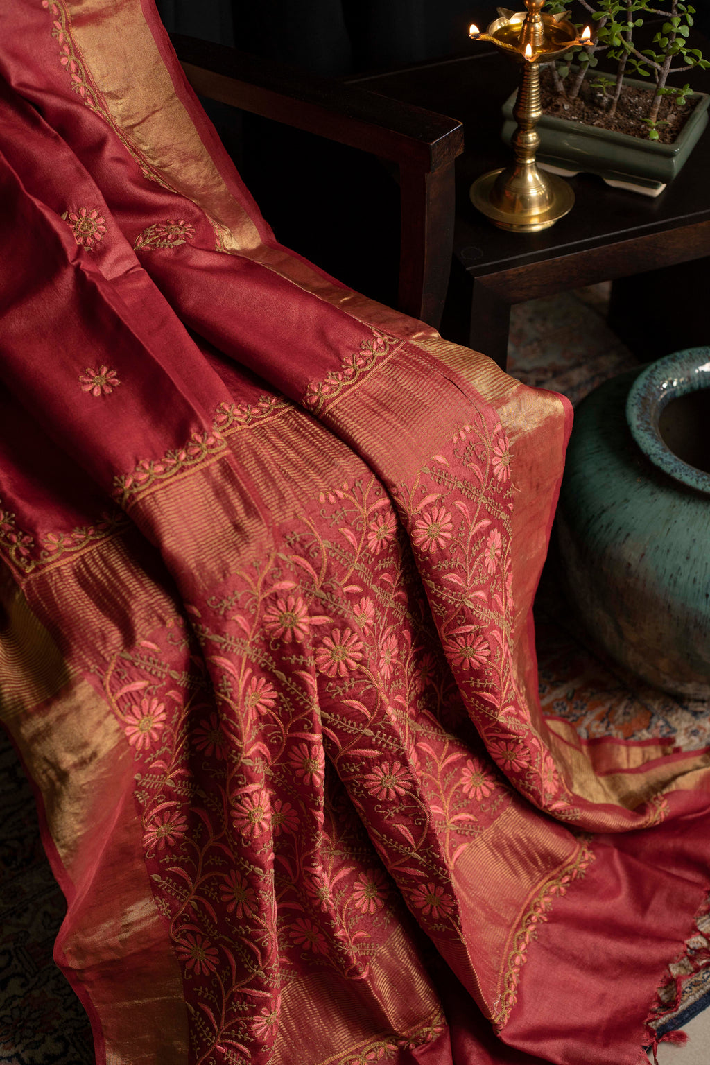Floral Aari & Jaal Chikankari on Brick Red Handwoven Tussar Silk