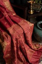 Floral Aari & Jaal Chikankari on Brick Red Handwoven Tussar Silk