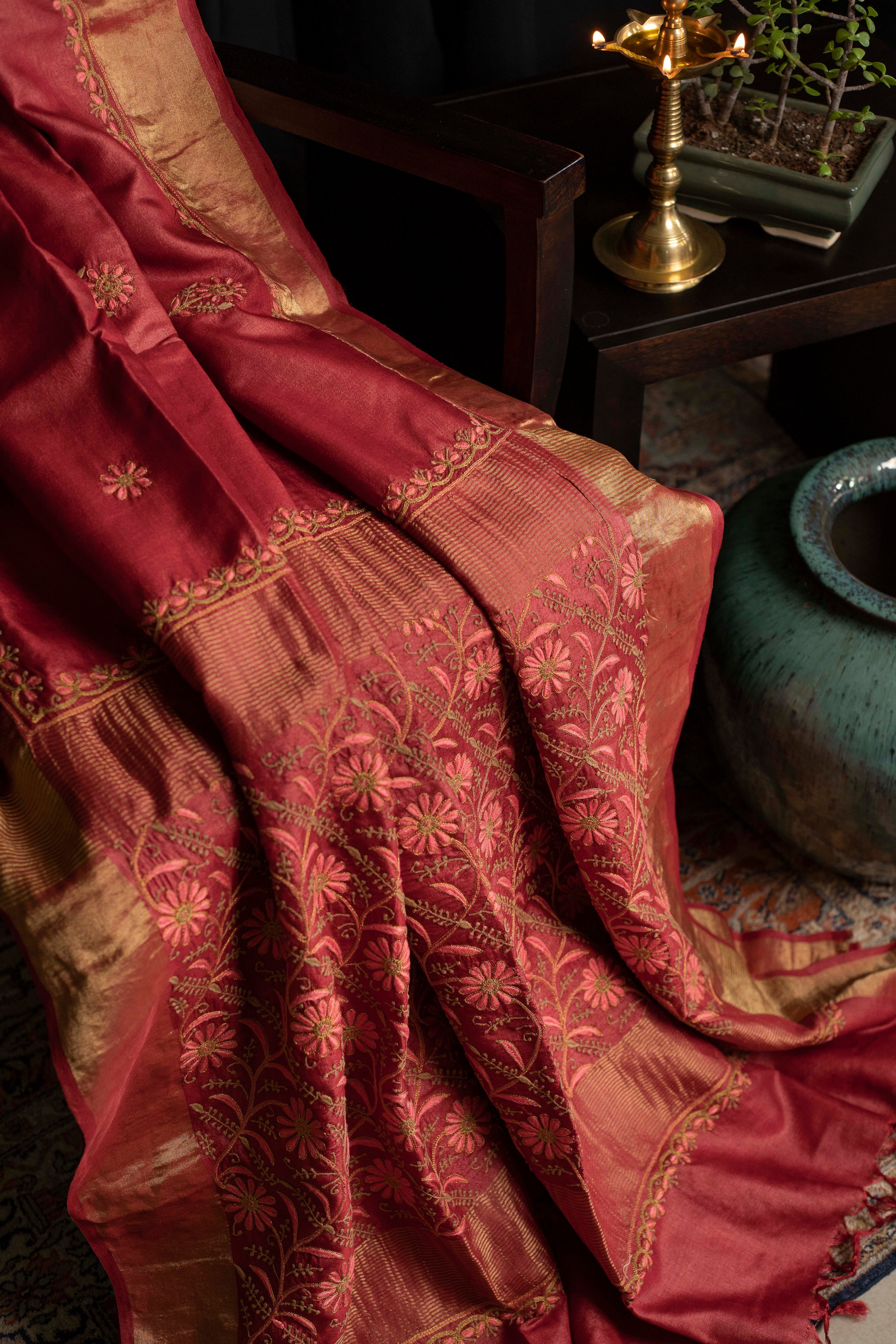 Floral Aari & Jaal Chikankari on Brick Red Handwoven Tussar Silk