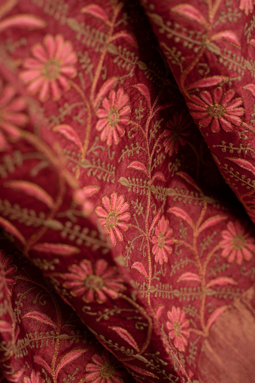 Floral Aari & Jaal Chikankari on Brick Red Handwoven Tussar Silk