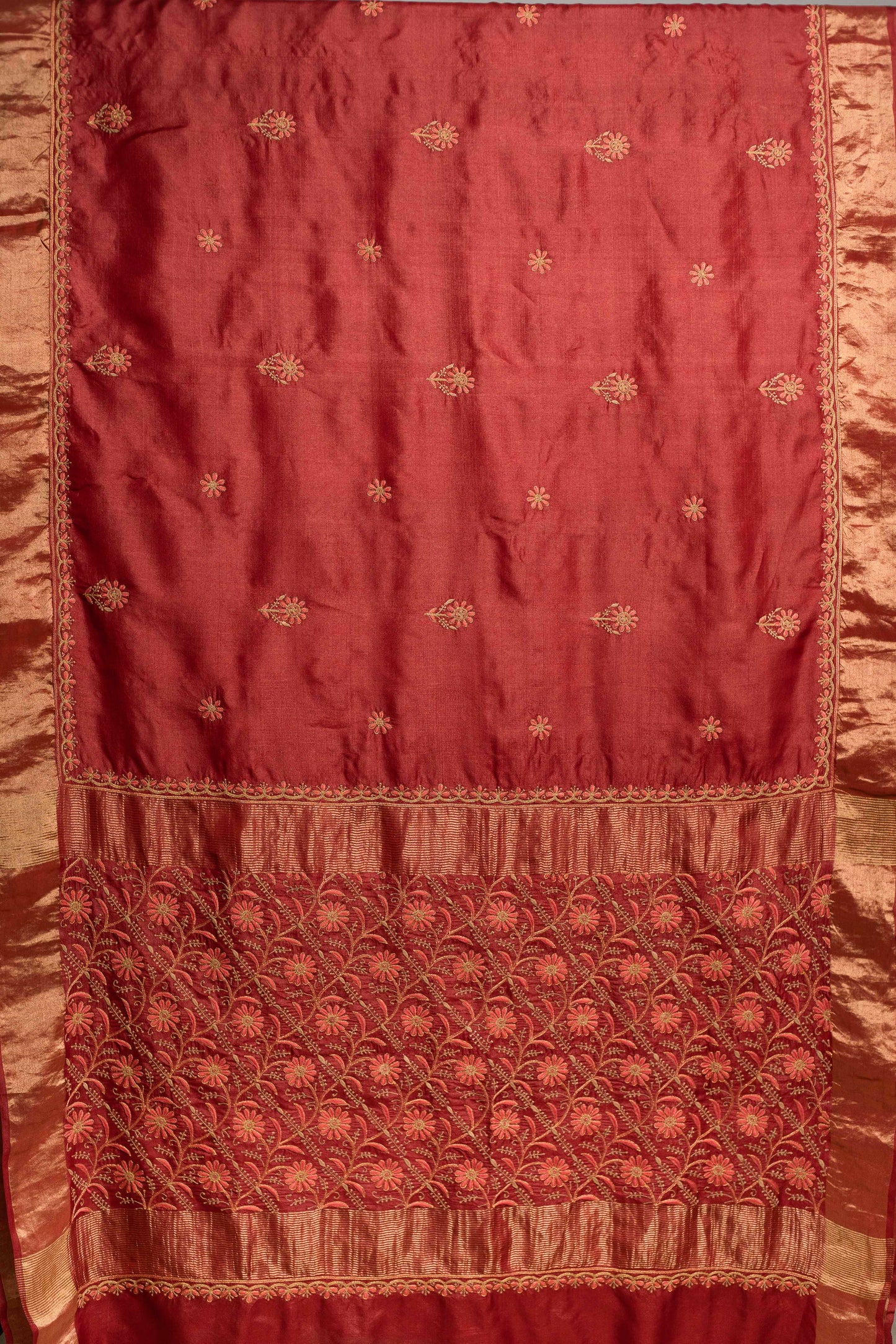 Floral Aari & Jaal Chikankari on Brick Red Handwoven Tussar Silk