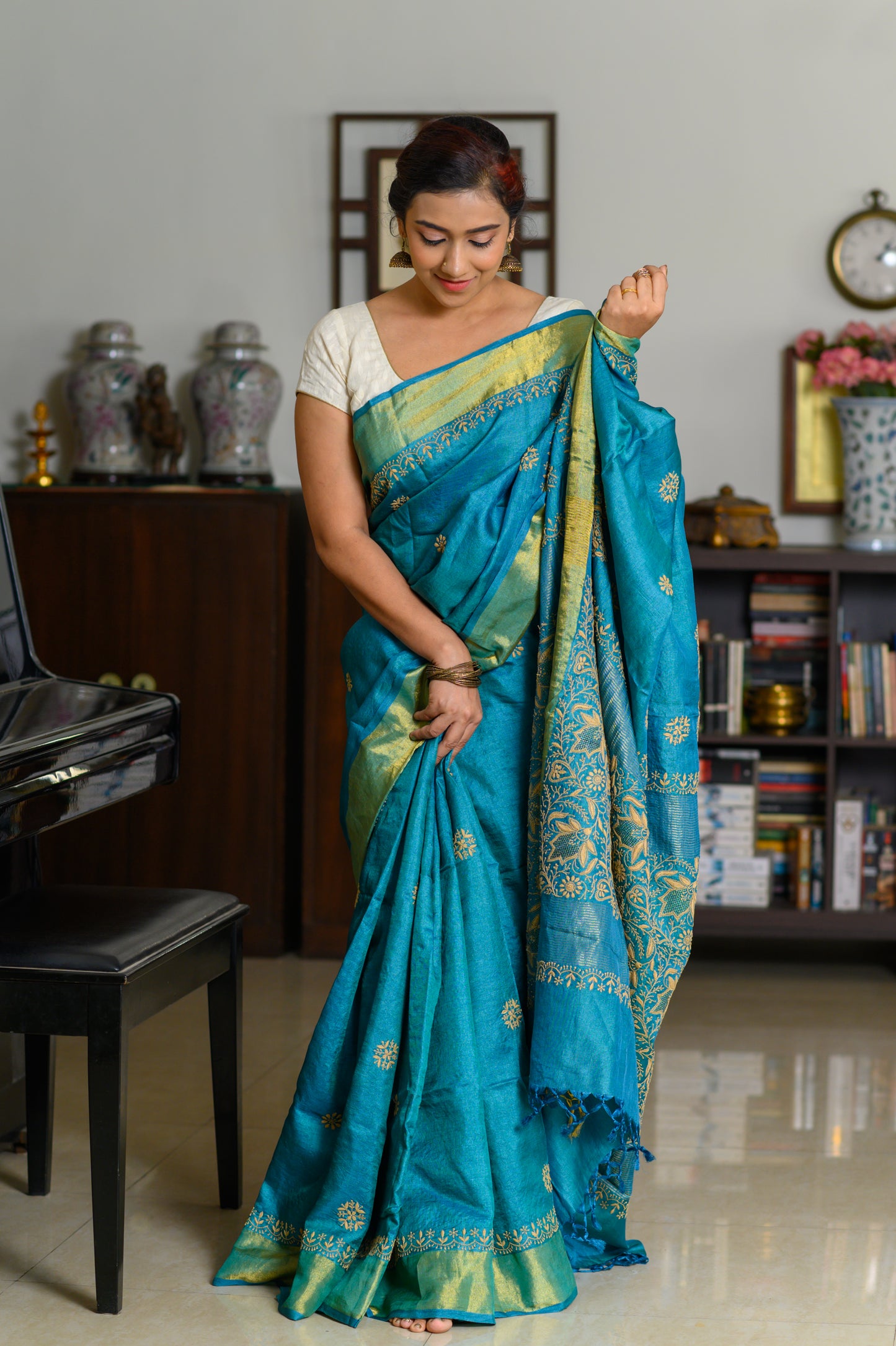 Floral Aari & Jaal Chikankari on Teal Handwoven Tussar Silk