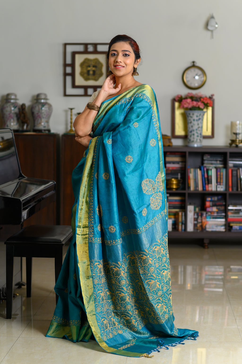 Floral Aari & Jaal Chikankari on Teal Handwoven Tussar Silk