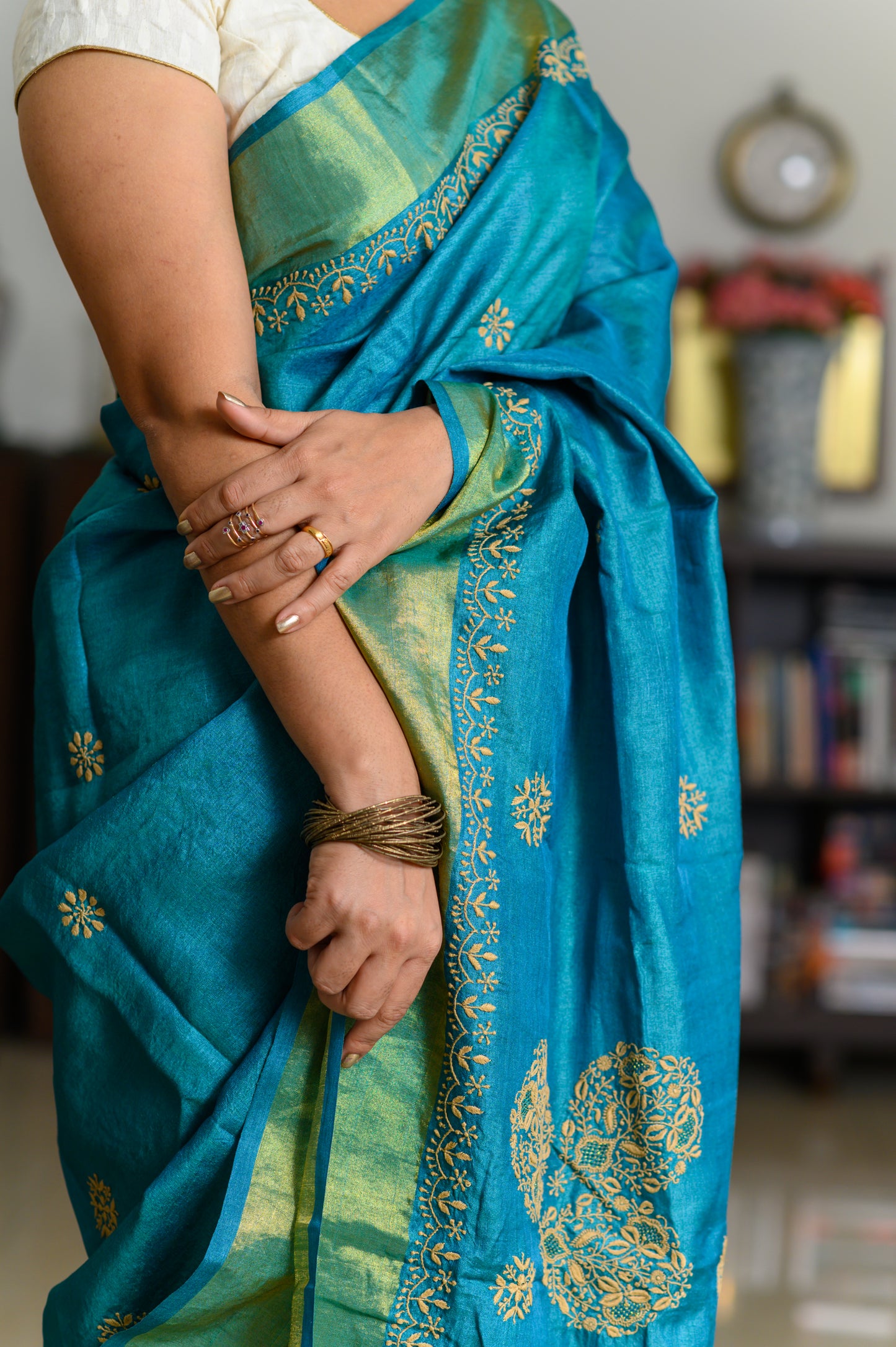 Floral Aari & Jaal Chikankari on Teal Handwoven Tussar Silk