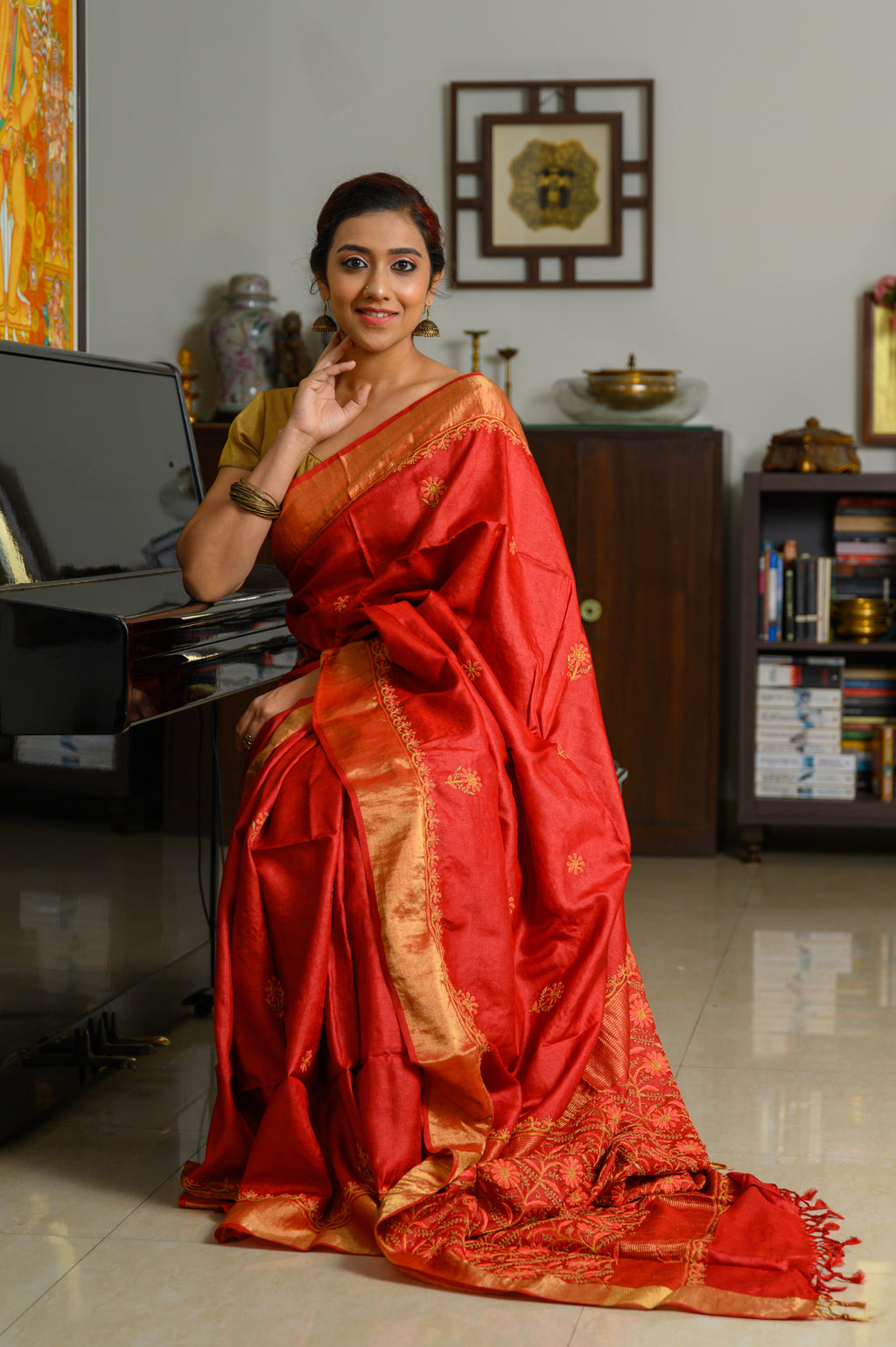 Floral Aari & Jaal Chikankari on Brick Red Handwoven Tussar Silk