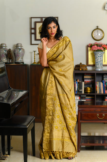 Floral Jaal & Aari Chikankari on Gold Handwoven Tussar Silk