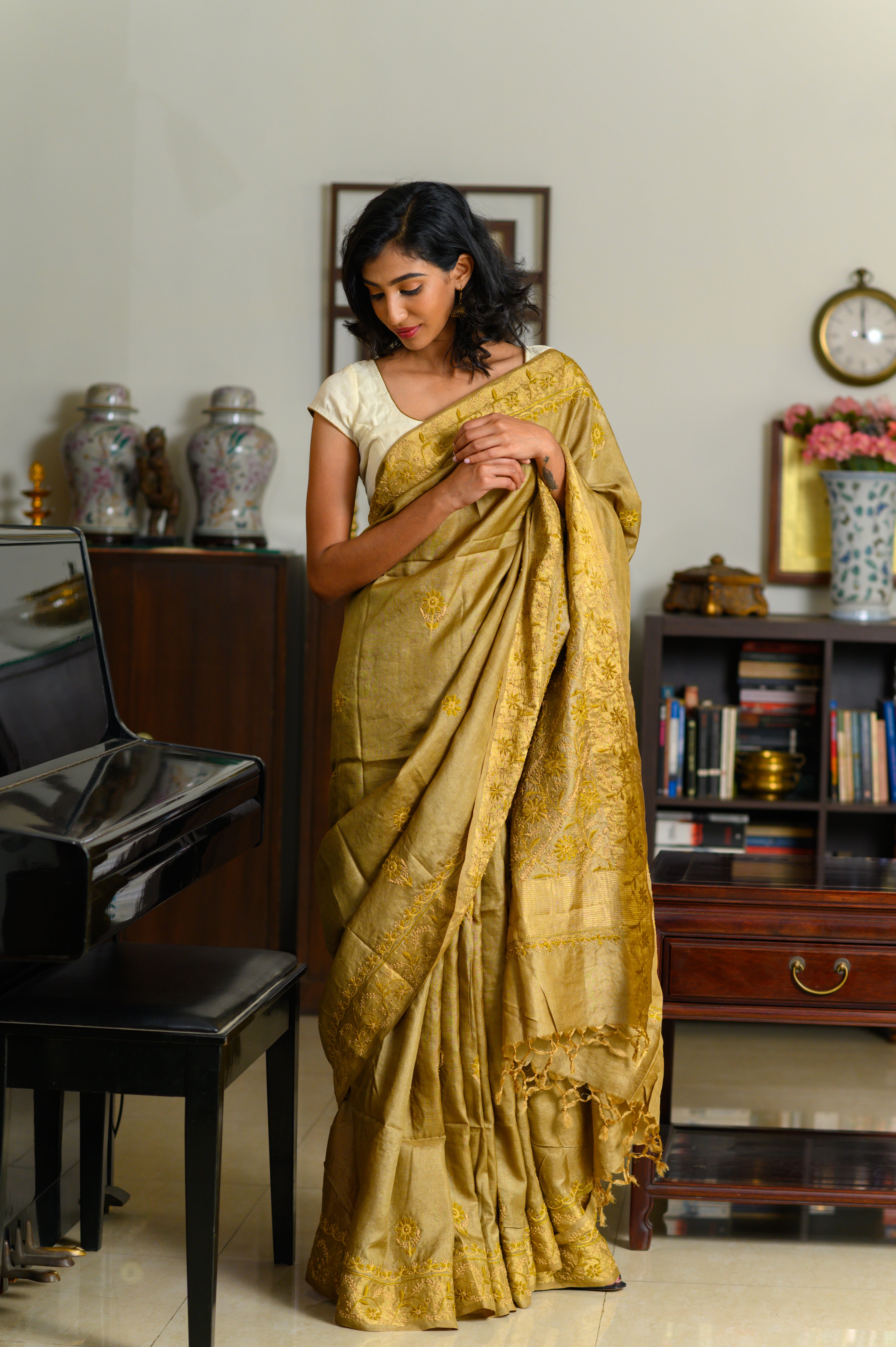 Floral Jaal & Aari Chikankari on Gold Handwoven Tussar Silk