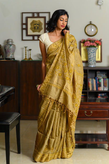 Floral Jaal & Aari Chikankari on Gold Handwoven Tussar Silk