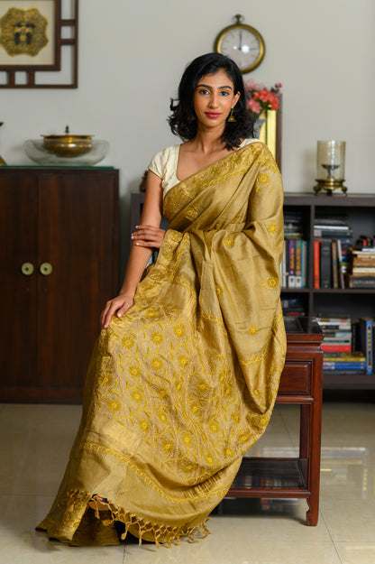 Floral Jaal & Aari Chikankari on Gold Handwoven Tussar Silk