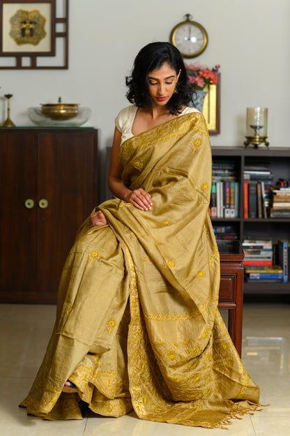 Floral Jaal & Aari Chikankari on Gold Handwoven Tussar Silk