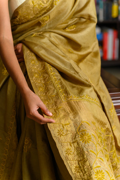 Floral Jaal & Aari Chikankari on Gold Handwoven Tussar Silk