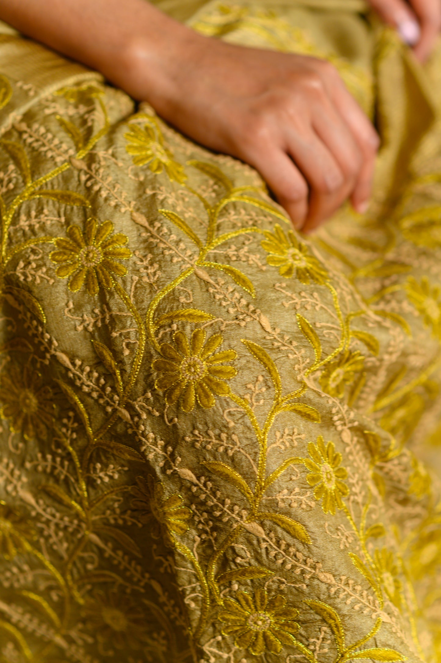 Floral Jaal & Aari Chikankari on Gold Handwoven Tussar Silk