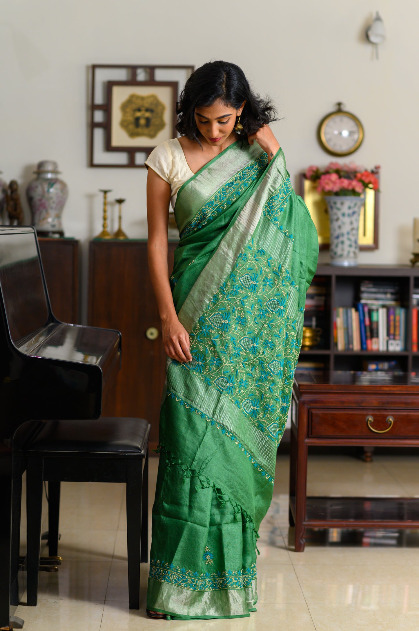 Floral Aari & Jaal Chikankari on Green Handwoven Tussar Silk