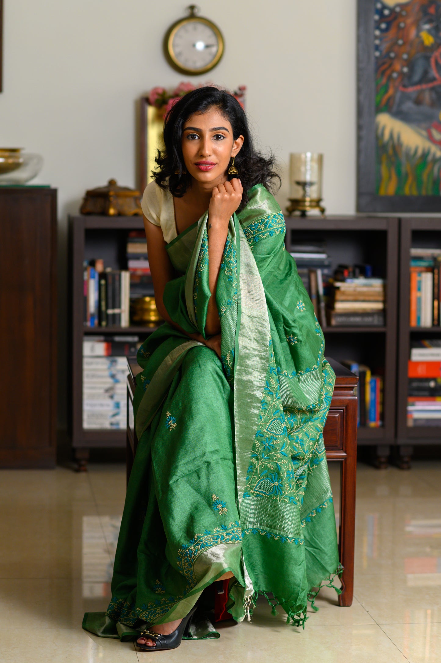 Floral Aari & Jaal Chikankari on Green Handwoven Tussar Silk