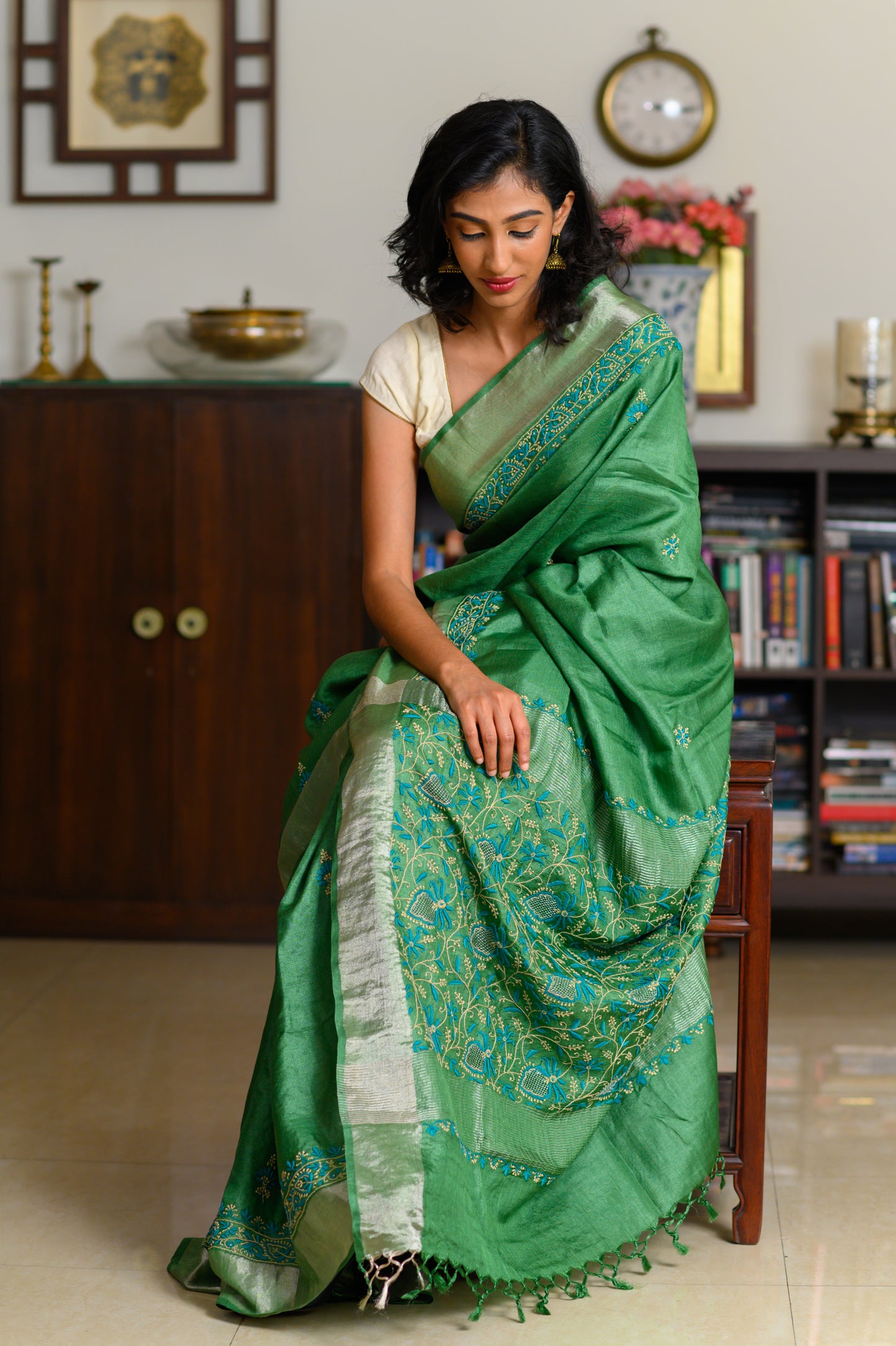 Floral Aari & Jaal Chikankari on Green Handwoven Tussar Silk