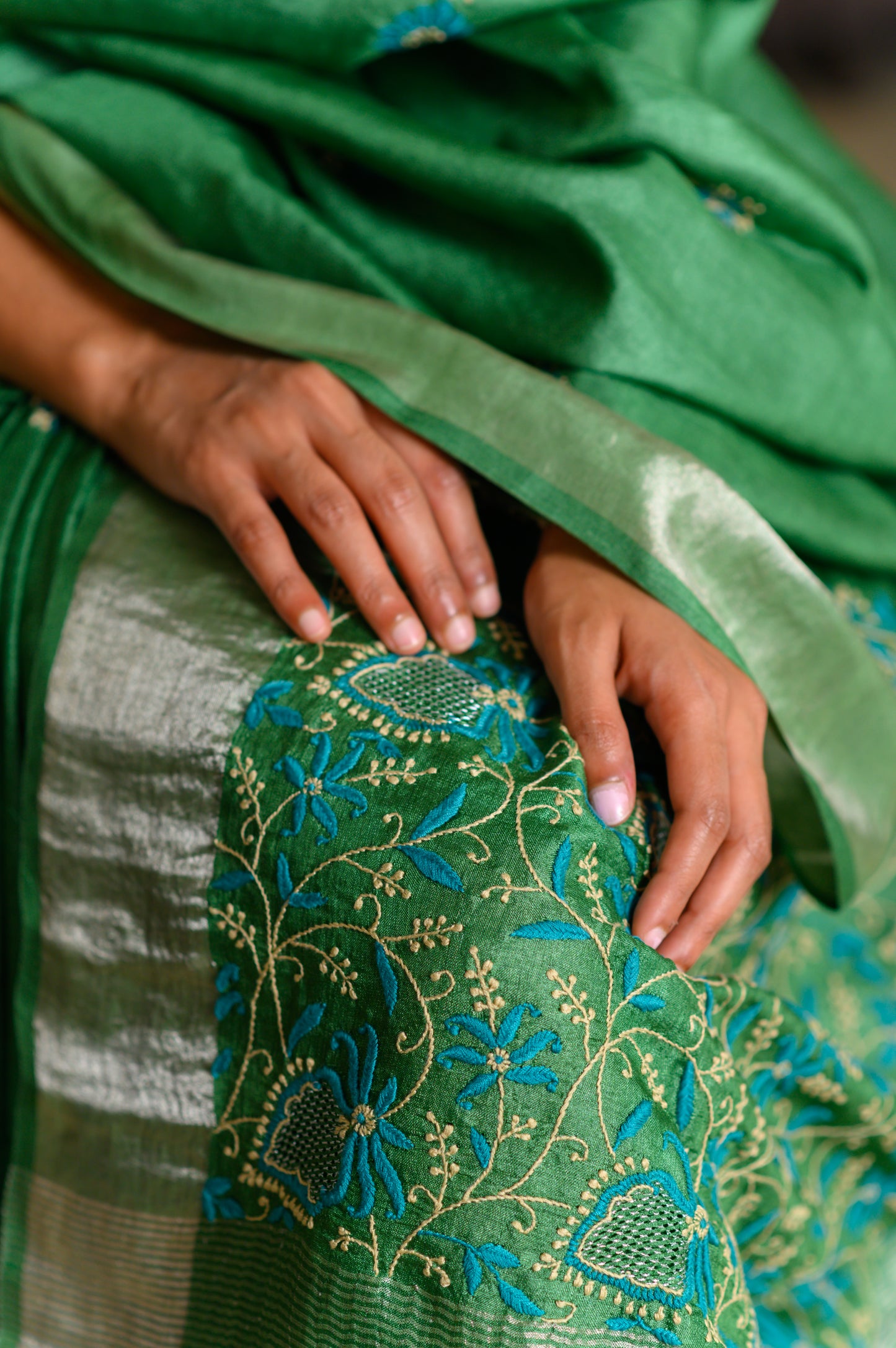 Floral Aari & Jaal Chikankari on Green Handwoven Tussar Silk