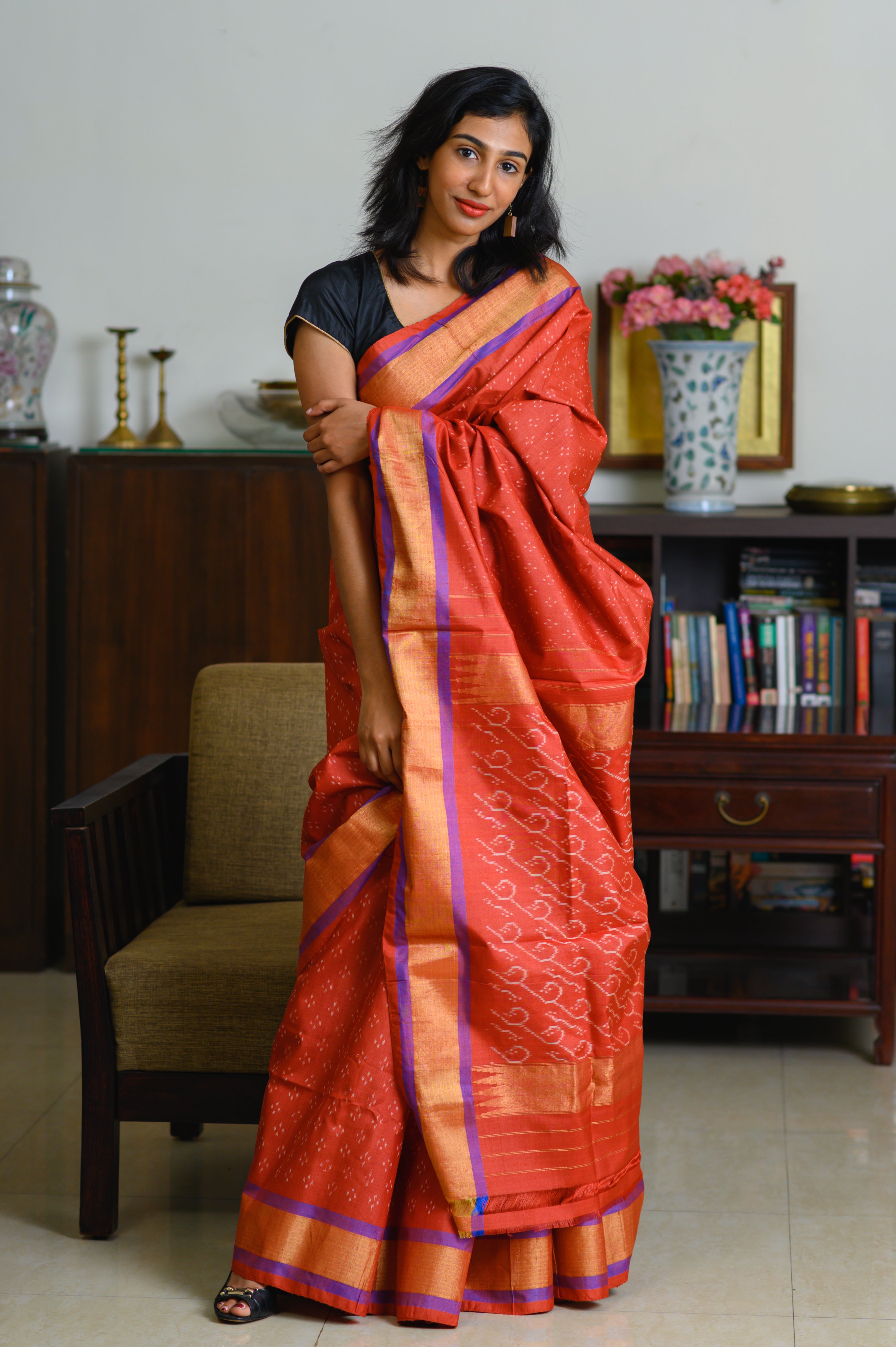 Sunset Rust Handwoven Single Ikkat Silk