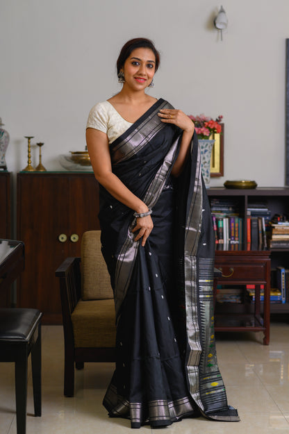 Ebony & Silver Handwoven Pure Silk Paithani