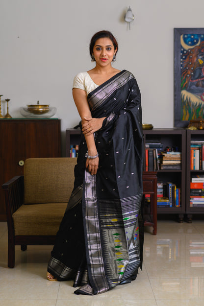 Ebony & Silver Handwoven Pure Silk Paithani