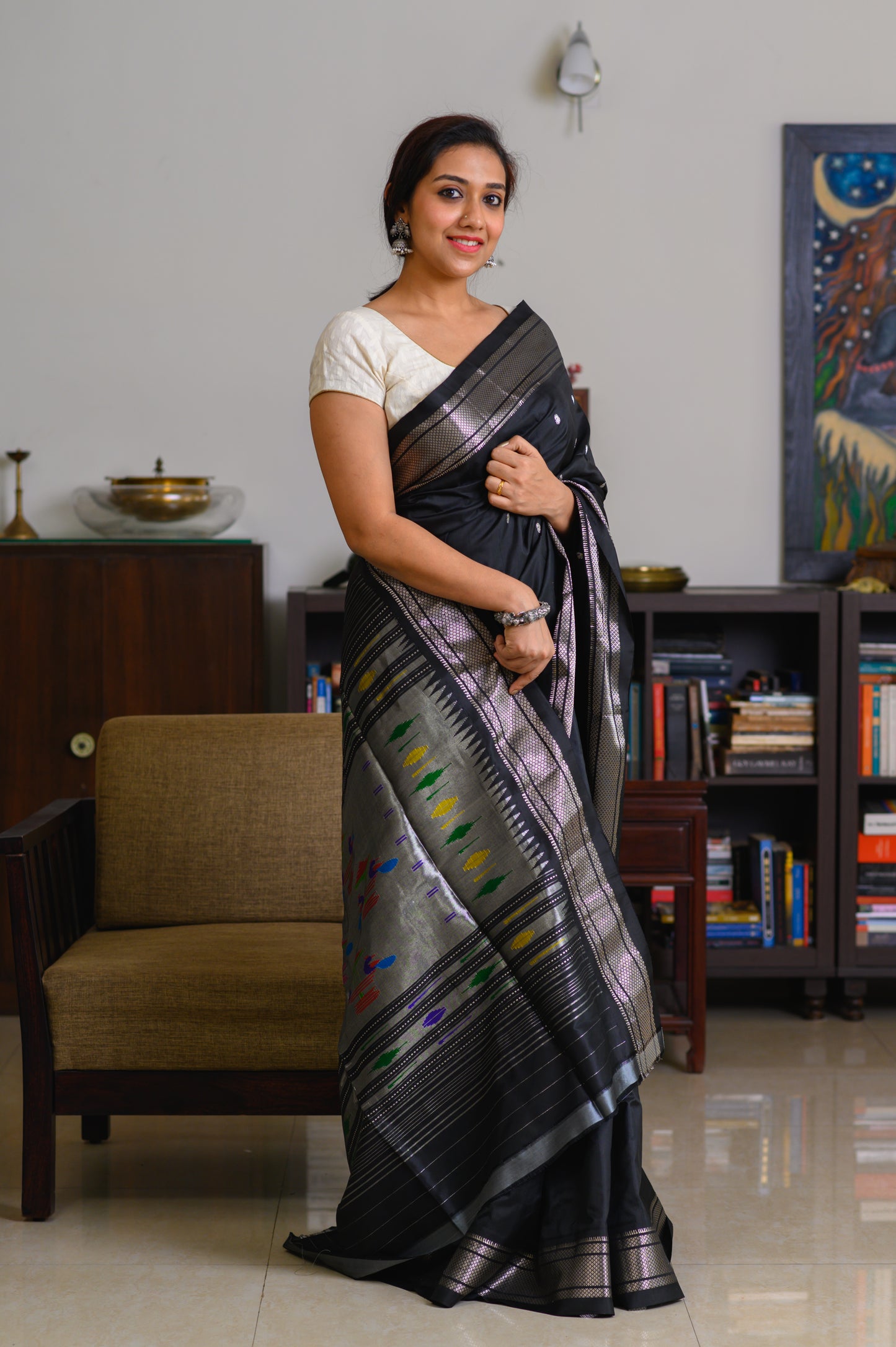 Ebony & Silver Handwoven Pure Silk Paithani