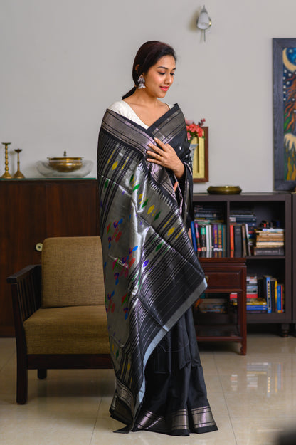 Ebony & Silver Handwoven Pure Silk Paithani