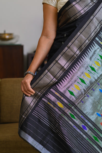 Ebony & Silver Handwoven Pure Silk Paithani