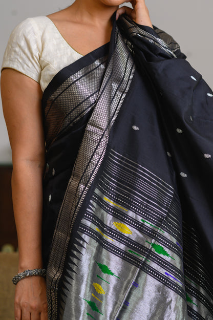 Ebony & Silver Handwoven Pure Silk Paithani