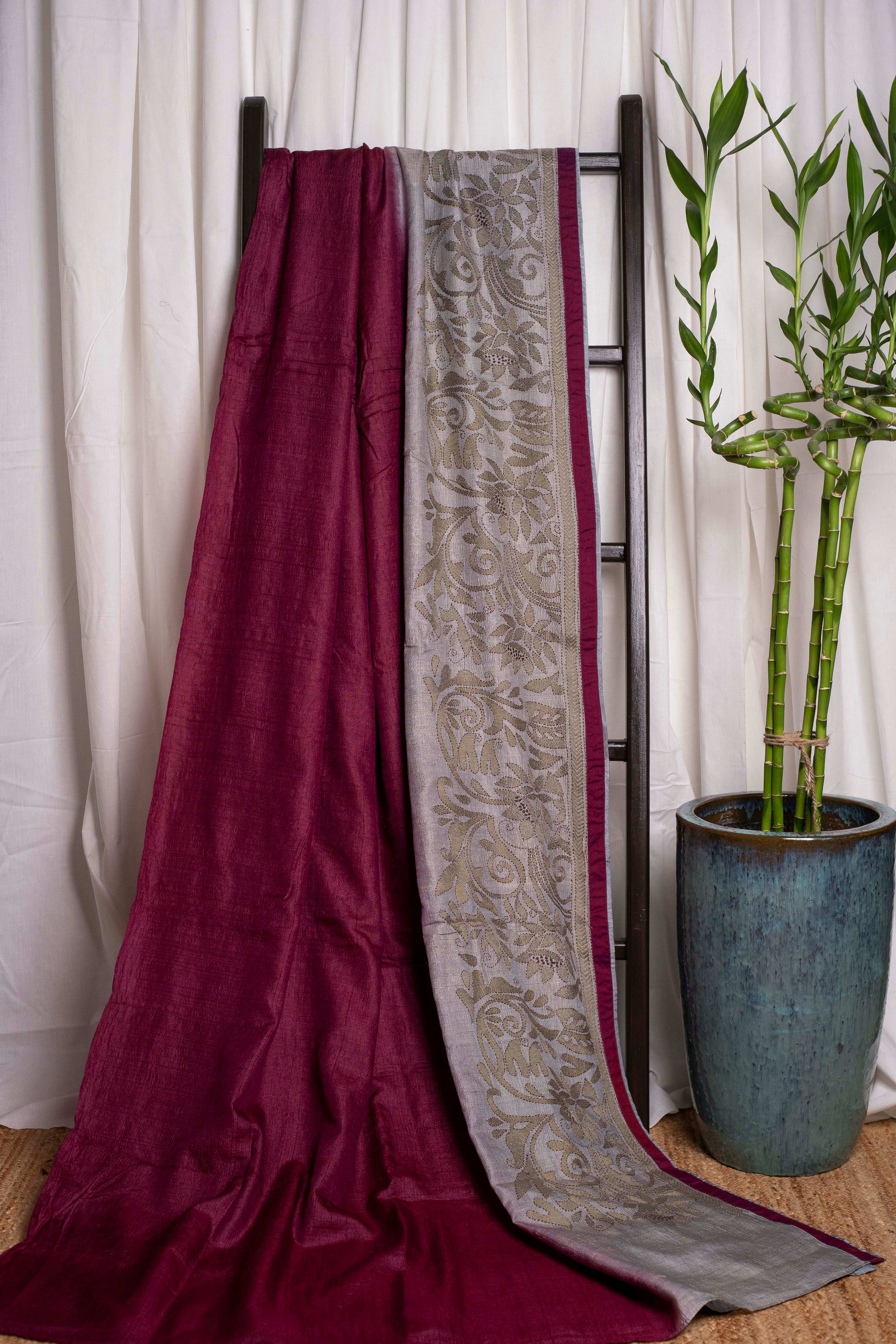 Wine Dark Sea Kantha in Handwoven Pure Silk