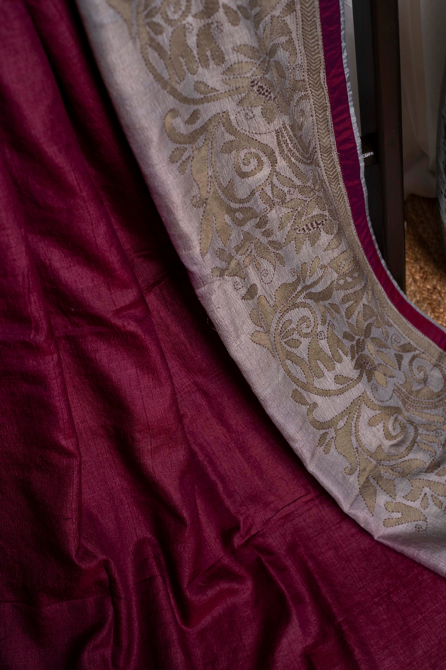 Wine Dark Sea Kantha in Handwoven Pure Silk