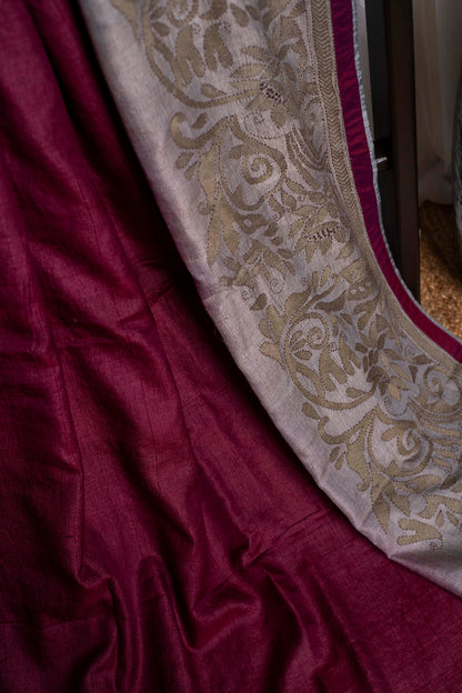 Wine Dark Sea Kantha in Handwoven Pure Silk