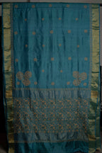 Floral Aari & Jaal Chikankari on Teal Handwoven Tussar Silk