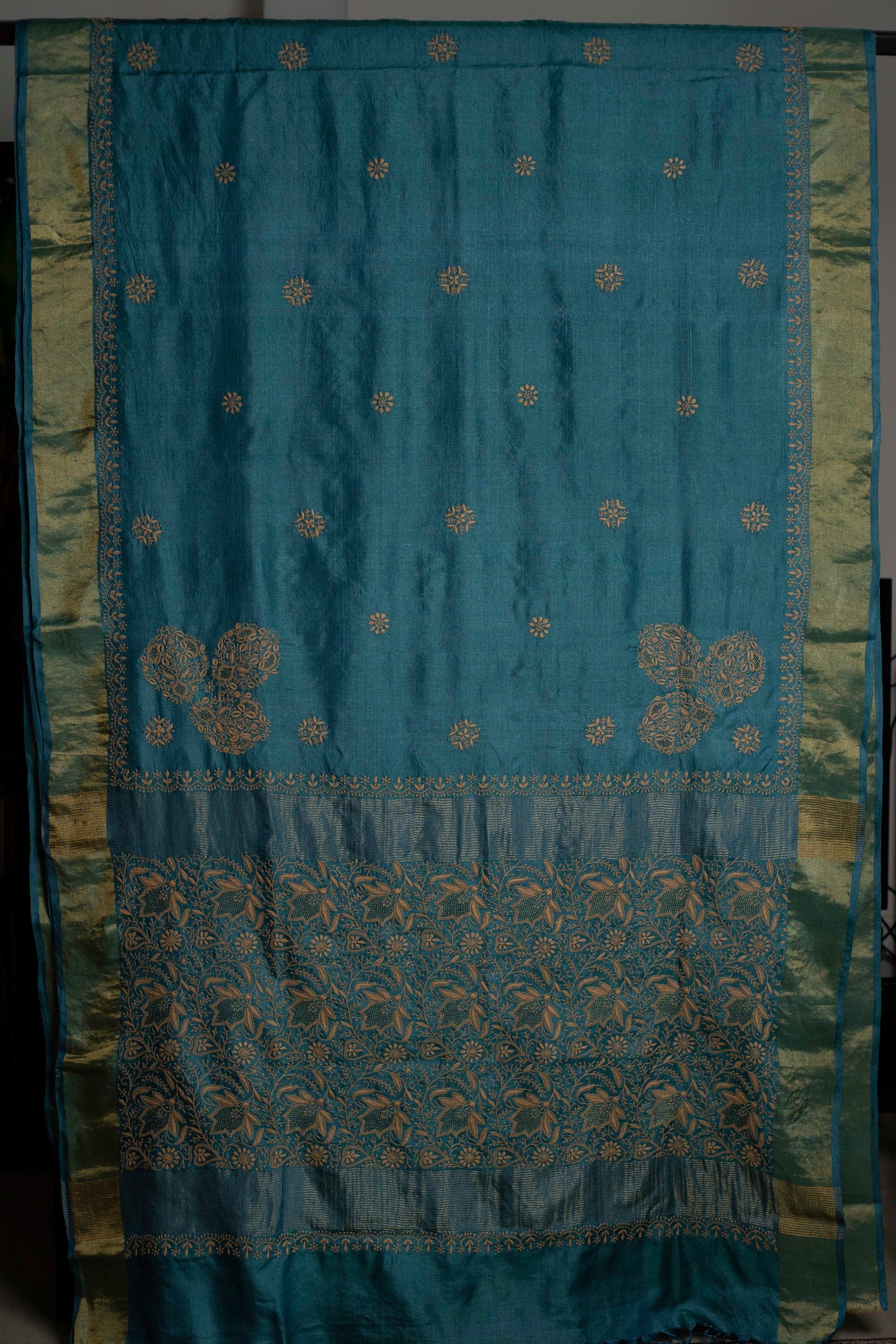 Floral Aari & Jaal Chikankari on Teal Handwoven Tussar Silk