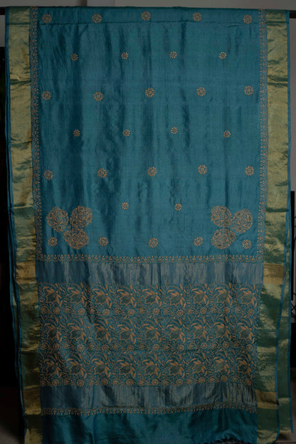 Floral Aari & Jaal Chikankari on Teal Handwoven Tussar Silk