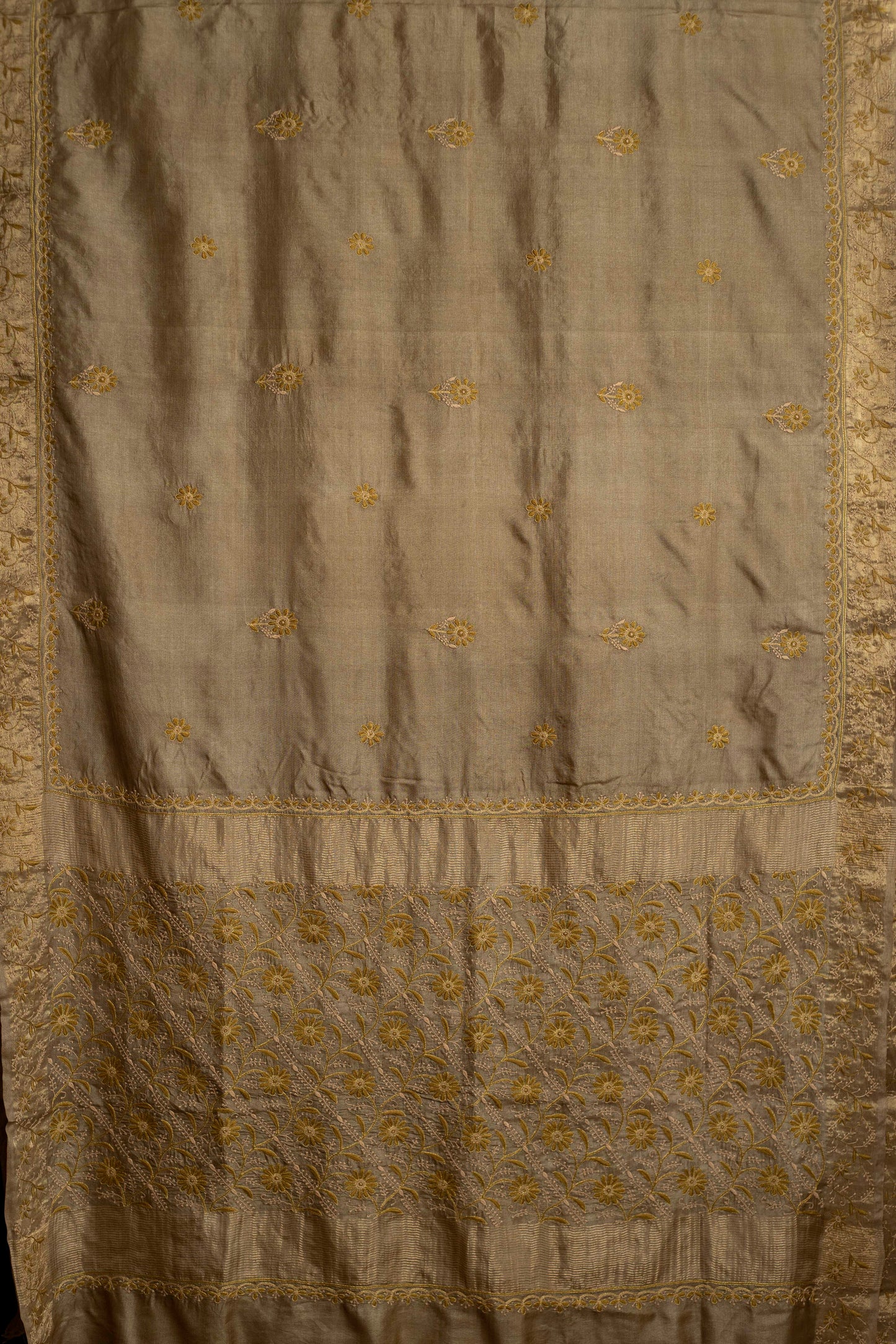 Floral Jaal & Aari Chikankari on Gold Handwoven Tussar Silk