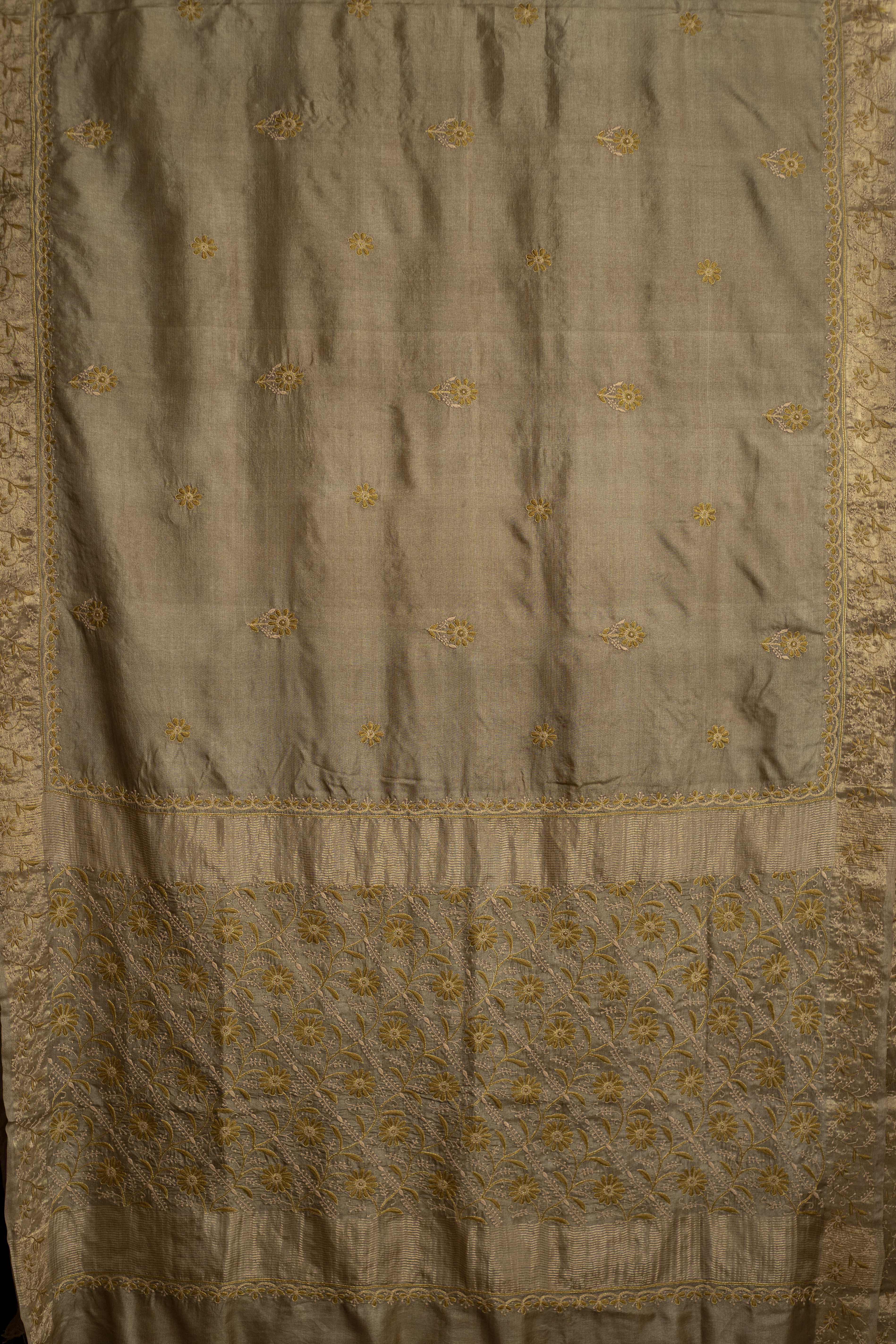 Floral Jaal & Aari Chikankari on Gold Handwoven Tussar Silk