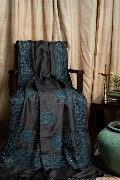 Mughal Butta Teal & Black Chikankari on Black Handwoven Tussar Silk