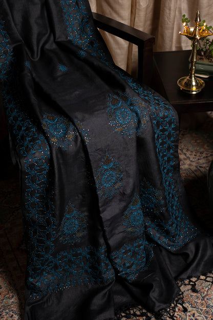 Mughal Butta Teal & Black Chikankari on Black Handwoven Tussar Silk