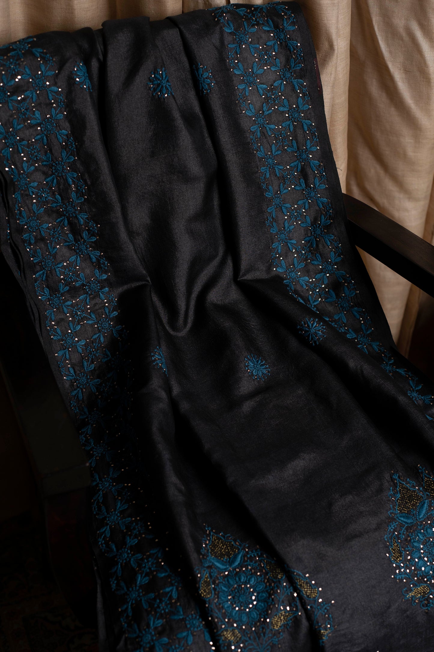 Mughal Butta Teal & Black Chikankari on Black Handwoven Tussar Silk