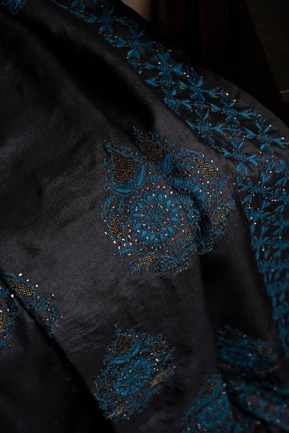 Mughal Butta Teal & Black Chikankari on Black Handwoven Tussar Silk