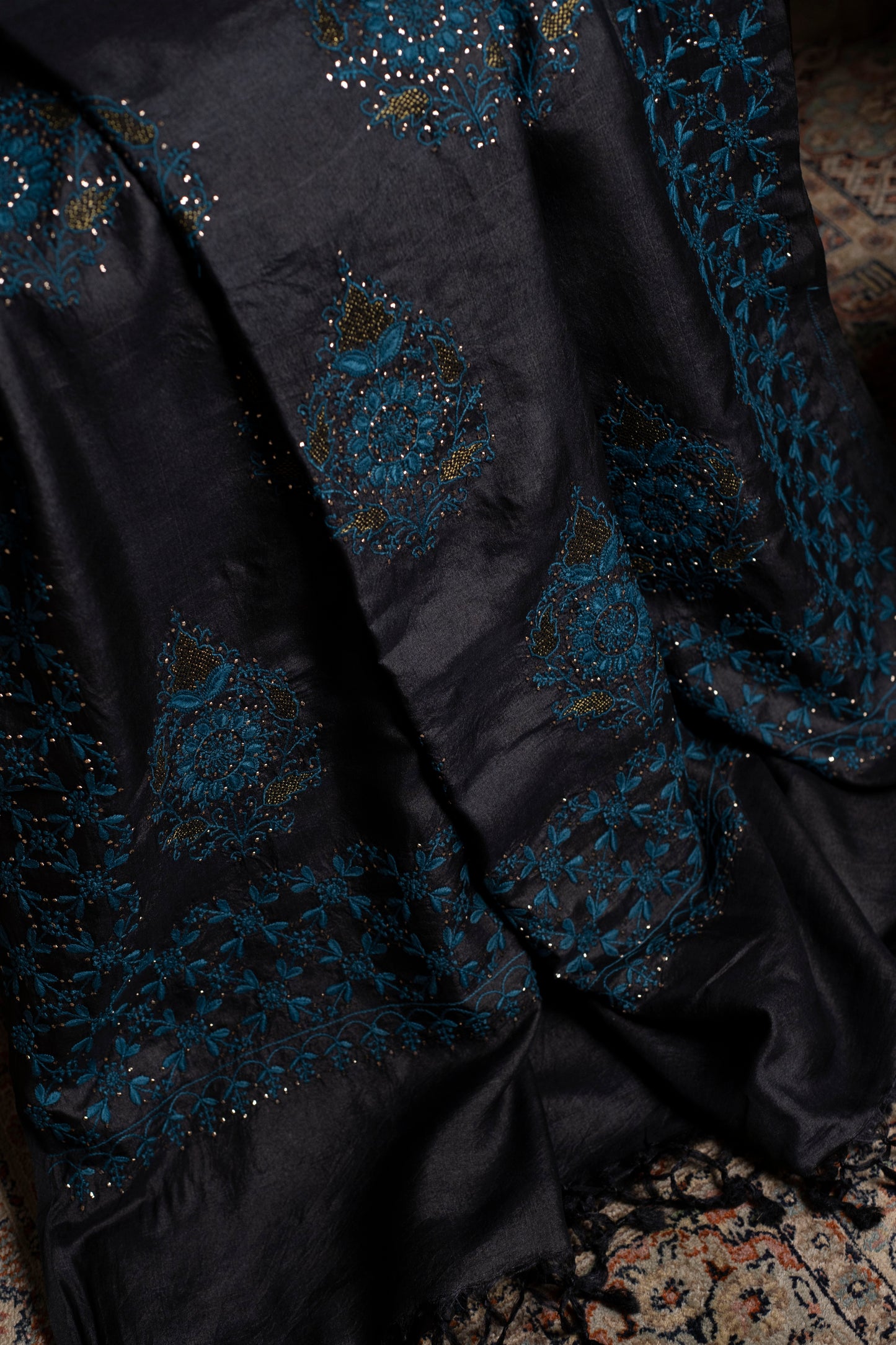 Mughal Butta Teal & Black Chikankari on Black Handwoven Tussar Silk